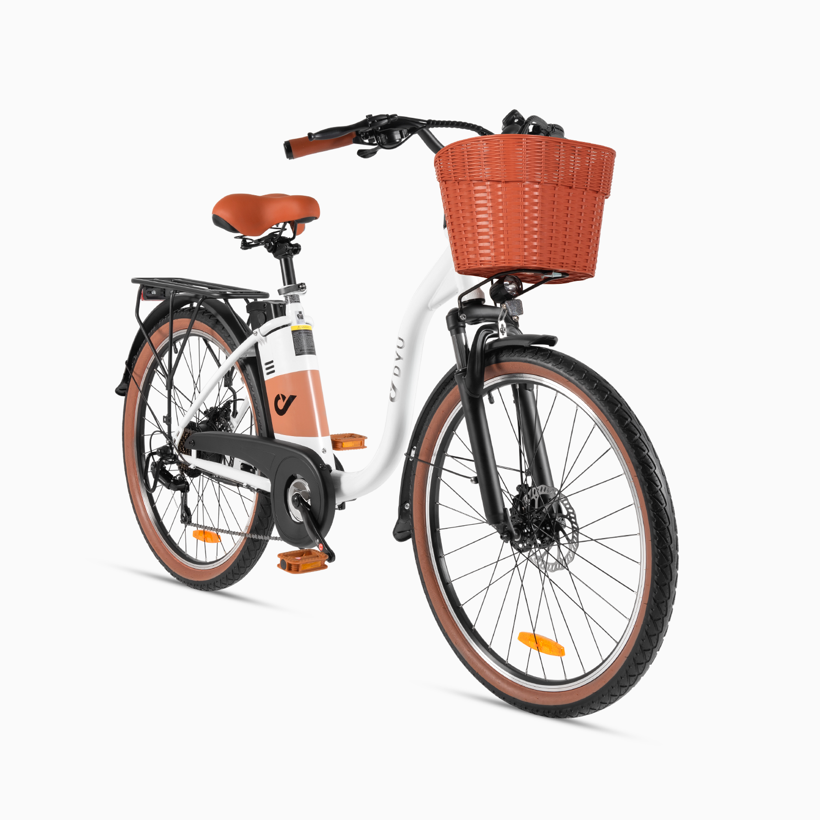 DYU C6 Pro elektrische fiets met oranje mand en comfortabel zadel. DYU C6 Pro elektrische fiets met oranje mand en comfortabel zadel.