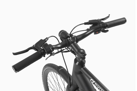 Stuur van zwarte DYU Stroll 1 elektrische fiets met handgrepen en remmen. Stuur van zwarte DYU Stroll 1 elektrische fiets met handgrepen en remmen.