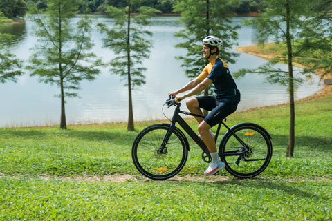 Rijder op DYU Stroll 1 elektrische fiets langs een tuin met bomen en een vijver. Rijder op DYU Stroll 1 elektrische fiets langs een tuin met bomen en een vijver.