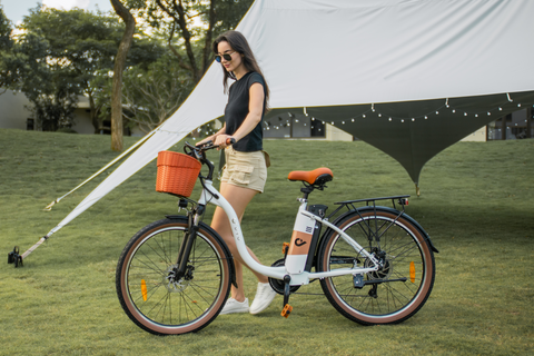 DYU C6 Pro elektrische fiets met oranje mand en luxe stoel op een grasveld. DYU C6 Pro elektrische fiets met oranje mand en luxe stoel op een grasveld.