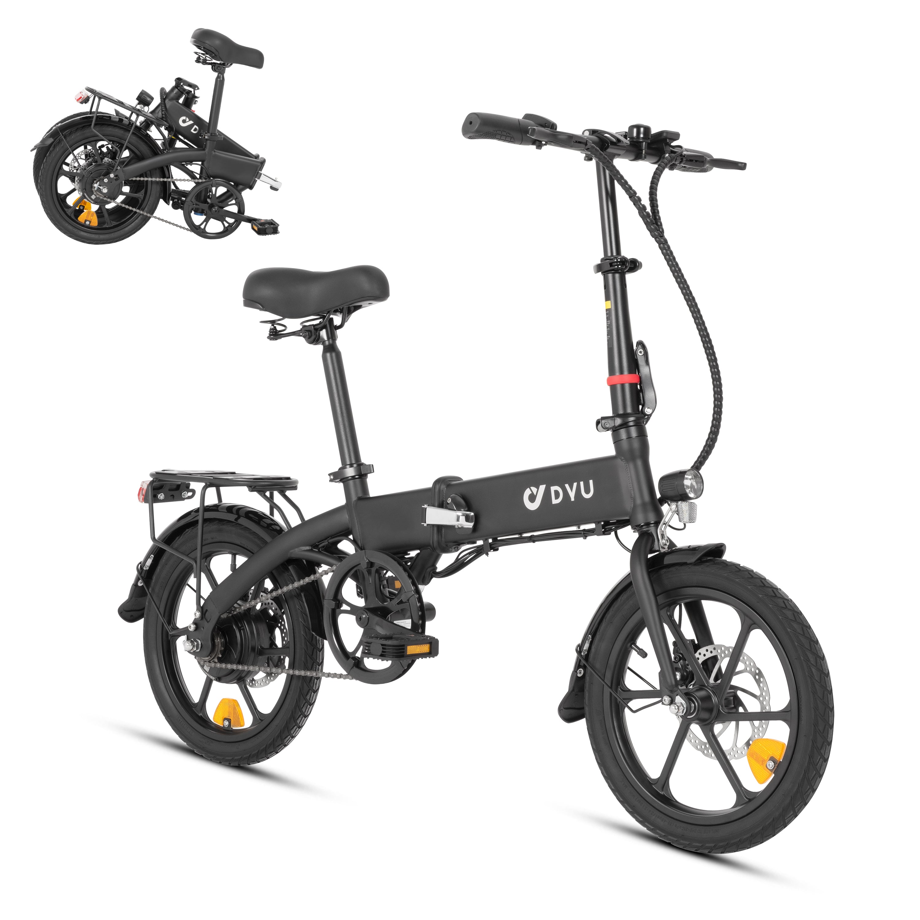 DYU A1F elektrische fiets zwart, opvouwbaar en comfortabel voor dagelijks woon-werkverkeer. DYU A1F elektrische fiets zwart, opvouwbaar en comfortabel voor dagelijks woon-werkverkeer.