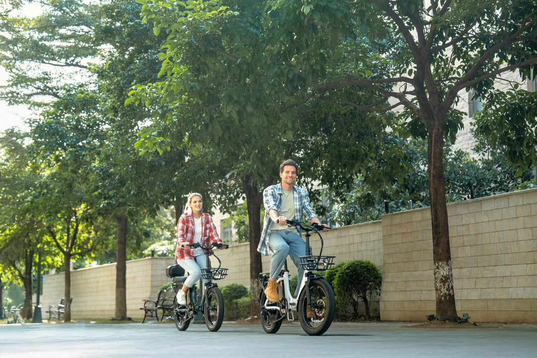 DYU C9 vouw e-bike op een boomrijk fietspad voor remmenonderhoud