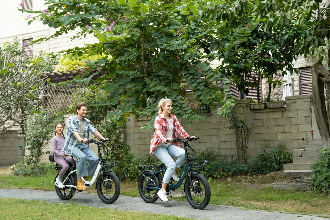 DYU C9 e-bike op een groene Nederlandse route voor tegenwindplanning