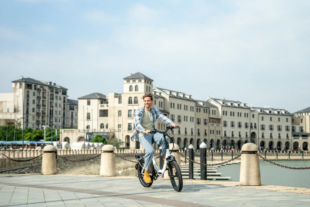 DYU C9 e-bike op een Nederlands ogende route langs het water