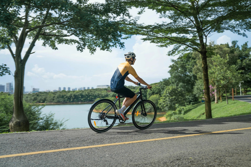DYU Stroll 1 lichte stads-e-bike op een weg langs het water