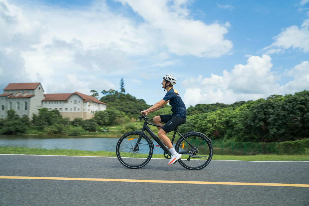 DYU Stroll 1 lichte e-bike op een Nederlands fietspad langs de rivier
