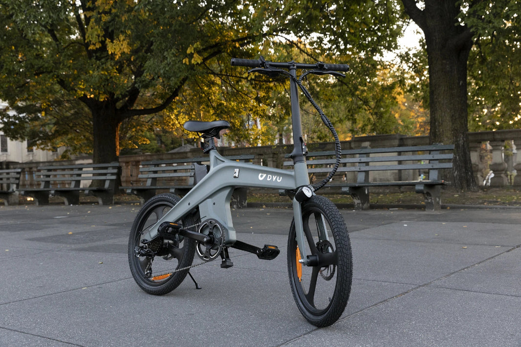 DYU T1 torque sensor e-bike in een Nederlands park voor stadsritten