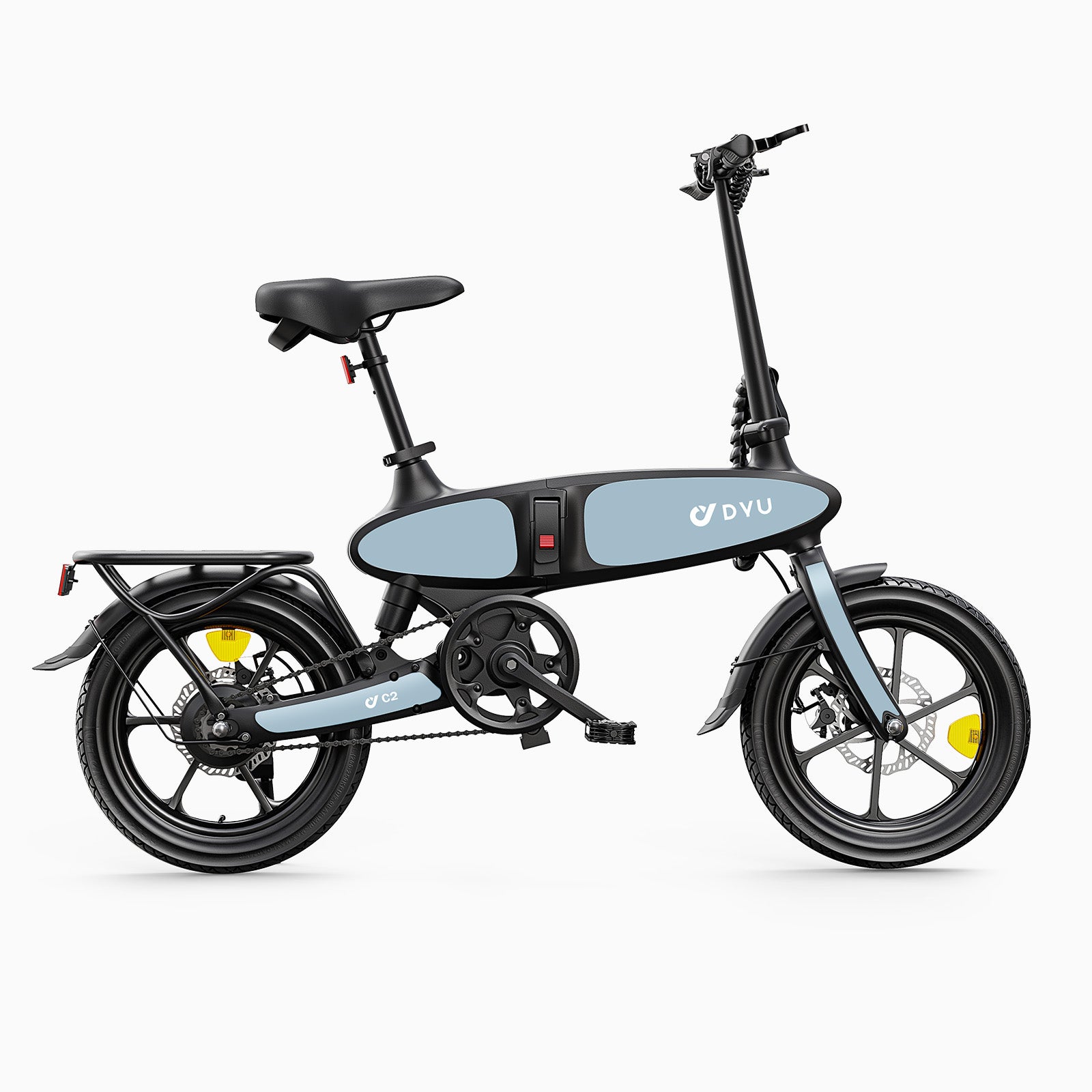 Details of the DYU C2 folding electric bike in black and blue with sleek design.