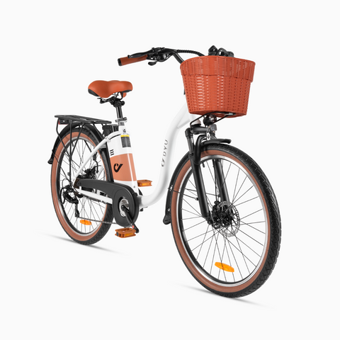 DYU C6 Pro elektrische fiets met oranje mand en comfortabel zadel.