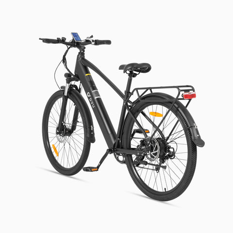 DYU C5 praktische stads elektrische fiets in zwart met lichte behuizing.