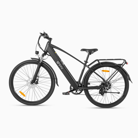 Zwarte DYU C5 27.5 inch elektrische fiets met modern ontwerp en sterke wielen.