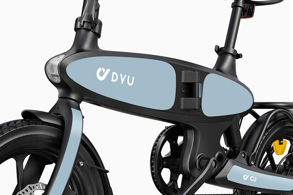 Details of the DYU C2 folding electric bike in black and blue with sleek design.