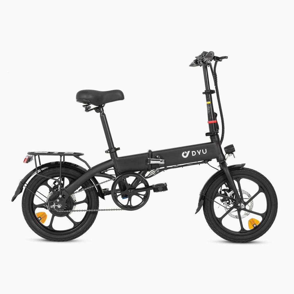 Compacte DYU A1F 16 inch elektrische fiets in zwart met dubbele schijfremmen.