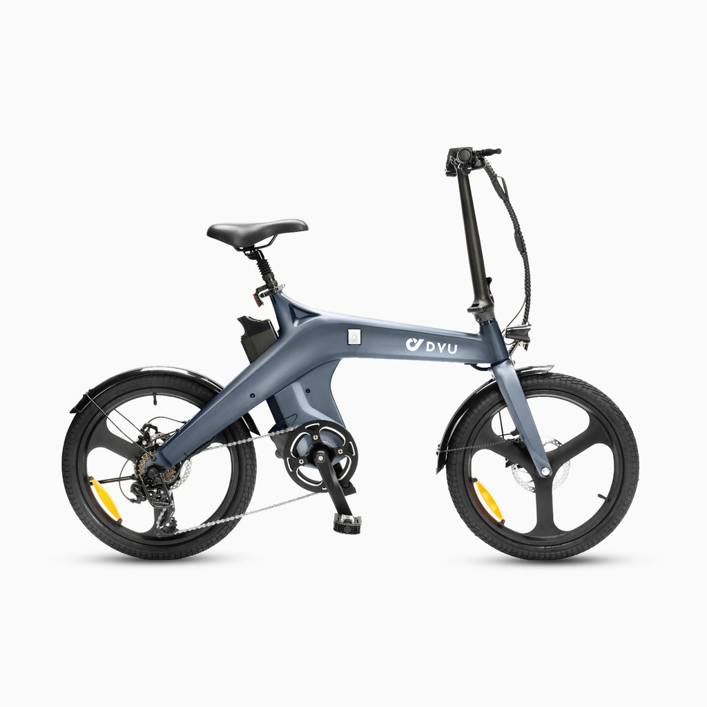 DYU T1 20 inch opvouwbare elektrische fiets in grijs met Shimano remmen voor comfortabel rijden.