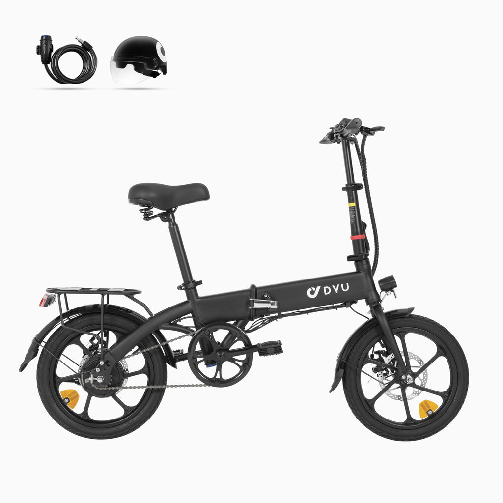 DYU A1F 16 inch zwarte opvouwbare fiets met accessoirepakket, ideaal voor comfortabel vervoer.