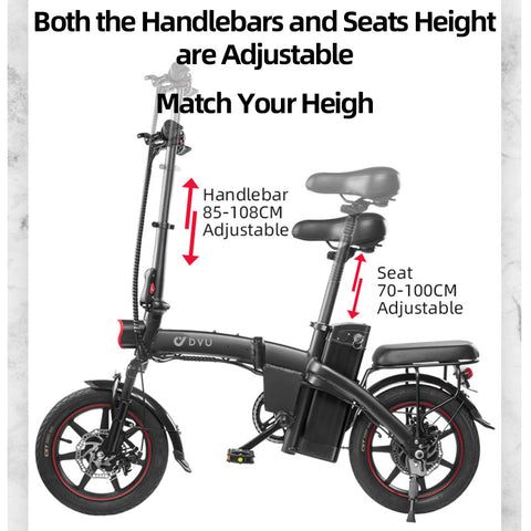 Instelbare handgrepen en zitting van de DYU A5 elektrische fiets voor optimaal comfort.